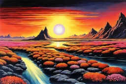 Beautiful epic sunset, logan's run 1976 movie influence, cosmic, people, rocks, river, flowers, very epic and philosophic, friedrich eckenfelder impressionism paintings