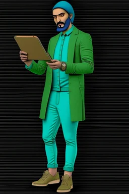 Modern guy, 20s, holding "ipad" in left hand, looks like a renaissance painting, walking forward, full body, "persian green", "right hand pointing down". "Front facing" "forward view"