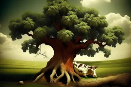 cow stuck in a tree surrealist style