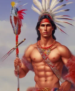 Guaicaipuro, native american god warrior, long black hair, big muscles, red feathers headdress, shirtless, holding a stone tip spear