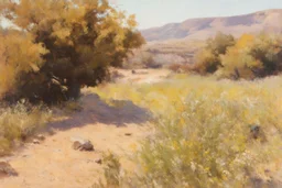 Sunny day, trees, flowers, rocks, arid land, vegetations, distant rocky mountains, distant river, sci-fi, willem maris, and konstantin korovin paintings