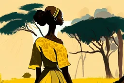 Design, African woman, oil painting, featureless, graphic, drawing without facial features, background, sky, trees, traditional clothes, cartoon, looking left