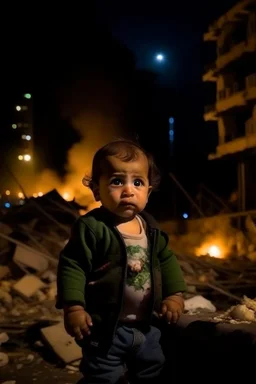 Palestinian baby , Destroyed Buildings , with a Explosions, at night