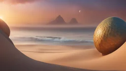 the coast of a desert seen from the top of a dune. dragon eggs on the beach. fantasy, cinematic lighting, hyper realisme, Hyperrealistic, splash art, concept art, mid shot, intricately detailed, color depth, dramatic, 2/3 face angle, side light, colorful background