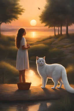 a great landscape in nature at sunset majestic cat and girl | spiritual | detailed | fine art | highly detailed | smooth | sharp focus | illustration | bathing in light | ultra realistic illustration