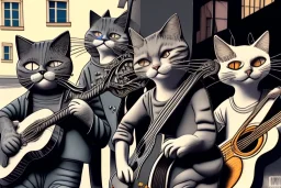 Group of three mature cats musicians, one cat playing guitar, one cat playing drums, one cat holding microphone and singing, street, Vienna, smiling, sunny day, model style, hyper realistic, extremely accurate, delicate, extremely detailed, Graphic novel style, wide-angle, open aperture, superfine pencil