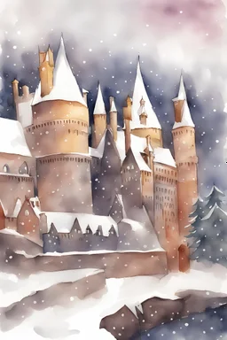 watercolor new year at Gryffindor at Hogwarts. Lots of snow.