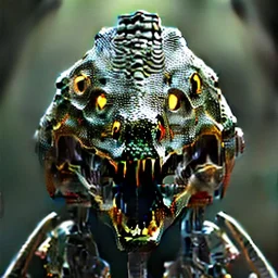 Crocodile hunter freak Big Head robotic bloody evil theeth body details 16k fighting gold body dark horn metal silver hybrid real hyper feroce predator