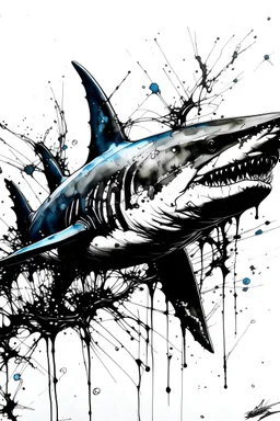 A drawing of a shark colored in free flowing liquid black inks