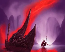 sango fantasy, fantasy magic, intricate, sharp focus, illustration, highly detailed, digital painting, concept art, matte, Greek mythology Charon ferryman, skeleton in full length cape, in boat on river styx, sharp jagged rocks, red purple blue colours, red hot lava river