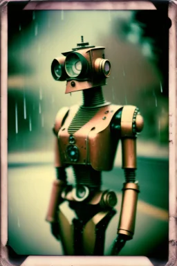 steampunk, vintage analog polaroid of a woman robot, female body, fog, lomography, heavy film grain, rain, color bleed, depth of field, bokeh, retro