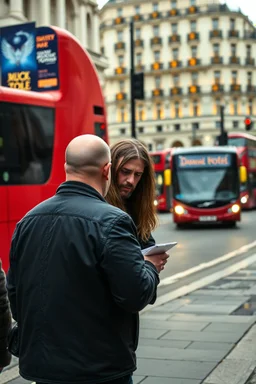 A stalker wants an autograph from a long-haired rock musician on a street in central London. The stalker is an overweight soon bald 25-year-old and looks a bit slimy, the atmosphere is oppressive and unpleasant, lot of traffic and london busses, hectic hour, a nice hotel