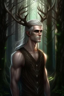 A fantasy portrait of a teen boy a with elegant antlers standing amongst a tall trees in a dark forest, pale skin, lustrous silver hair, very long hair, athletic, no shirt, no sleeves, dark background, leaning against a tree, glowing light from side, delicate line work, intricate details, high resolution,