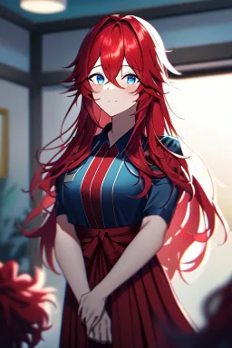 girl, masterpiece, best quality, cinematic lighting, detailed outfit, vibrant colors, perfect eyes, blue eyes, long hair, red hair, messy hair, hair between eyes, indoors, depth of field, ray tracing, hakama,