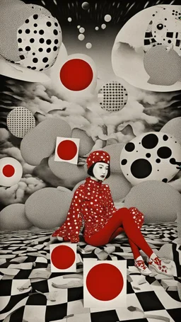 surreal collage art crafted from vintage Japanese magazines poster Novell , art composition by kusama, sci-fi elements , Alice's Wonderland, black and white and deep red