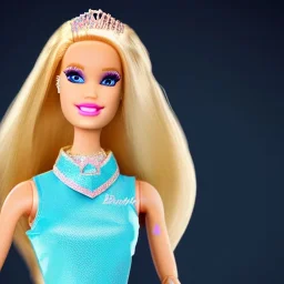 Princess barbie with diamond collar, long blond hair, blue eyes, glow dress, realistic, 8k