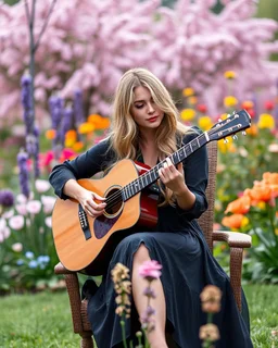 Full a length image Photography Realistic beauty photo lens soft blur Beautiful woman super model blond long hair, casual gown, as guitarist playing acoustic guitar style ,and combination natural plant flowers,she on sitting on big chair,in wonderful park garden flowers background