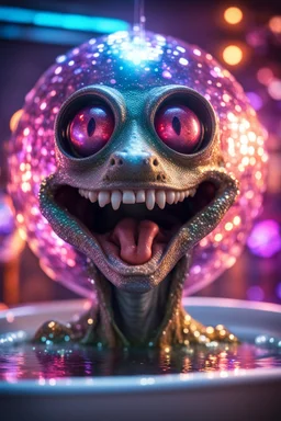 portrait of ultimate transcendent happy disco ball helmet wested pimp kobold alien frown with spotlights and huge dripping forked tounge sticking head out of a bathtub portal, in front of space portal dimensional glittering device, bokeh like f/0.8, tilt-shift lens 8k, high detail, smooth render, down-light, unreal engine, prize winning