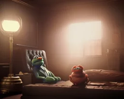 Room scene, muppet head with realistic body detective man, realistic photo, concept art, retro style, smooth, unreal engine 5, god lights, ray tracing, RTX, lumen lighting, ultra detail, volumetric lighting, 3d.