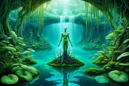 Ecological Art, plants, floating earths, long leaf tendrils, green colors and shades, blue-white waters, rivers, a full body beauty human-plants hermaphrodite mutant meditates in stunning alien flora , cinematic, mistic mood