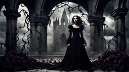 In a dramatic cinematic scene, a surreal goth young woman stands tall in the ruins of an ancient chapel, her hair a tumultuous array of black rose vines intertwined with realistic black velvet and lace rose petals. Her dark eyes pierce the gloom, capturing the essence of a storm brewing in the background. The scene is brought to life with a blend of black ink and weet ink, creating a cartoonish yet detailed and realistic portrait. The chapel is painted with a blurred paint effect, contributing t