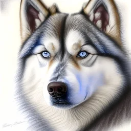 Colored pencil drawing. Portrait, realistic, dog, fur texture, husky