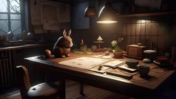 /imagine prompt: 3d animation, personality: [Illustrate a dimly lit and cosy hideout with Maple, a brown and white spy rabbit, sitting at a wooden table examining a map. The room is scattered with various gadgets and spy equipment, creating an atmosphere of secrecy and adventure.] unreal engine, hyper real --q 2 --v 5.2 --ar 16:9