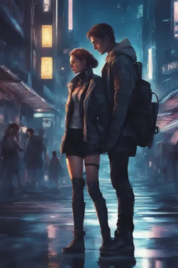 Science fiction, cyberpunk, city street, couple girl and guy, together, love at first sight, summer night, embrace