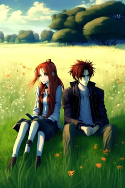 Bella and Edward seating Ian the meadow, in HD resolution, anime style, realistic