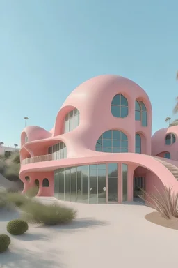 muestranos un edificio colores pastel sin muchas ventanas y liso, que tenga una forma ambigua y orgánica, que esté rodeaada de naturaleza y que tenga algunos aspectos de un pulpo, que inspire la calma que el mar de california da, y que inspire paz, y que sea color rosa pastel, que asemeje una concha marina