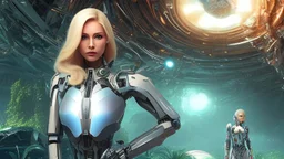 Wide-angle, full body of a woman, with straight blond hair, dressed like a robot, with equipment in her hands, next to a crashed spaceship, on an alien jungle world in the multiverse