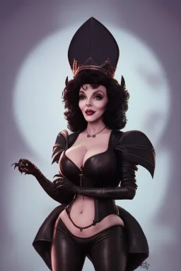 Joan Collins as evil queen in black leather, leather, busty, cleavage, angry, stern look. character design by cory loftis, fenghua zhong, ryohei hase, ismail inceoglu and ruan jia. unreal engine 5, artistic lighting, highly detailed, photorealistic, fantasy