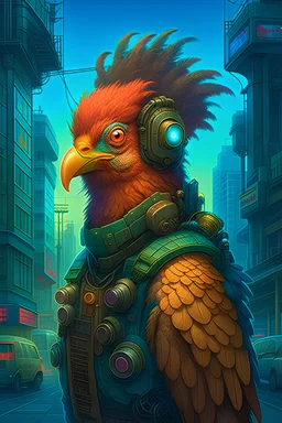 "Portrait of a steampunk chicken in a cyberpunk city, by Arai Yoshimune, Simon Stålenhag, and Dan Mumford Photorealism hyperdetailed trending on Artstation 8k resolution digital illustration cel-shaded Ukiyo-e romanticism expressionism impressionist"
