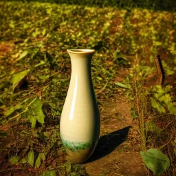 artistic photo of a tiny cracked ceramic vase repaired with gold, kintsugi, garden setting, beautiful landscape photography, beautiful, vines and leaves, delicate, cinematic, high detail, beautiful composition, delicate arrangement, aesthetic, soft lighting, award winning photography, tender