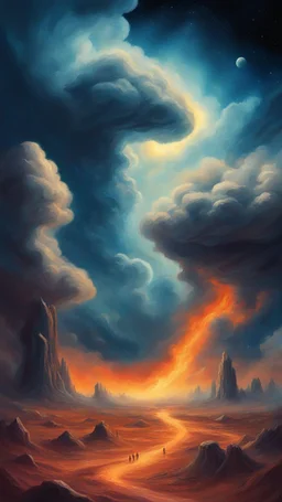 A journey Back in stone age through a Time Machine in the parallel universe among the galaxies and the stars a big clouds of gas covering the sky from a distance Busch painting style nightmare