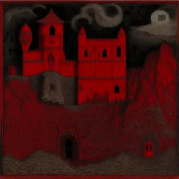 A dark red vampiric fortress designed in native American petroglyphs painted by Georges Seurat