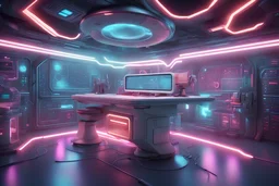 detailed scene laboratory desk, on the spaceship, hyperrealistic 16k, 3d rendering, expressively detailed, dynamic light, neon lighting,