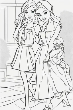 outline art for kids barbie coloring pages with barbie with her 2 friends , no background, sketch style, full body, only use outline, mandala style, clean line art, white background, no shadows and clear and well outlined. should look exactly like barbie