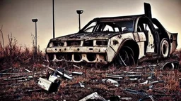 A Tesla's 'Model S Plaid' is parked, in the post-apocalyptic world of the 'Terminator' movies. CINEMATIC. WIDE ANGLE LENS. PHOTO REAL.