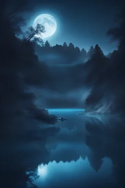 magical blue lake in the moonlight
