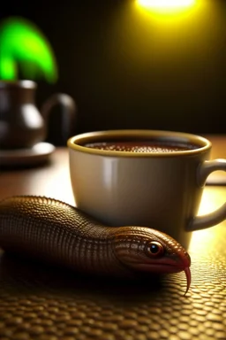 photorealistic leech drinking coffee