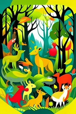 A colorful front cover book image of various animals inside deep forest