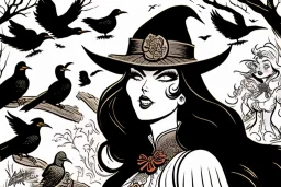 Witch, playing with crows, black cat, perfect iris, ink and pencil, style Carl Barks