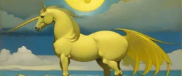 A yellow lightning elemental winged unicorn designed in ancient Egyptian pottery painted by Birge Harrison