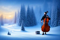 cello player in winter landscape with chupka