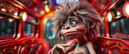 close up portrait of hairy fluffy polymer clay cute female happy worried monster with realistic human colored and textured skin, and long sleek limbs and with studio lights, on a luxury ornate neon buss, talking to his aunt