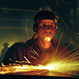 Imagen fotorrealista de un trabajador de fábrica en España, rodeados de chispas que salen de las máquinas, dramáticamente iluminadas por el resplandor ardiente de las chispas. La atmósfera es intensa pero laboriosa, con sombras proyectadas por la luz tenue que agregan profundidad. Los detalles clave incluyen las expresiones dinámicas en los rostros de los trabajadores, que reflejan concentración y determinación, dentro de un fondo industrial bullicioso, que muestra maquinaria y herramientas. La