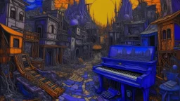 A violet cybernetic city with instruments painted by Vincent van Gogh