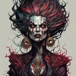 highly detailed full color concept illustration of a treacherous female Bruxa character , maximalist, sharp focus, highest resolution, in the styles of Alex Pardee, Denis Forkas , and Masahiro Ito, boldly inked, 8k, coarse, gritty textures