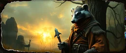 3d airbrush render, full body of elven badger warrior priest , pinhole cam, airbrush 3d rendering, in the style of Titian and Dali , torn edges on border